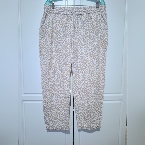 J.Crew Biege White Leopard Drawstring Elastic Waist Straight Leg Ankle Pants - Picture 1 of 13